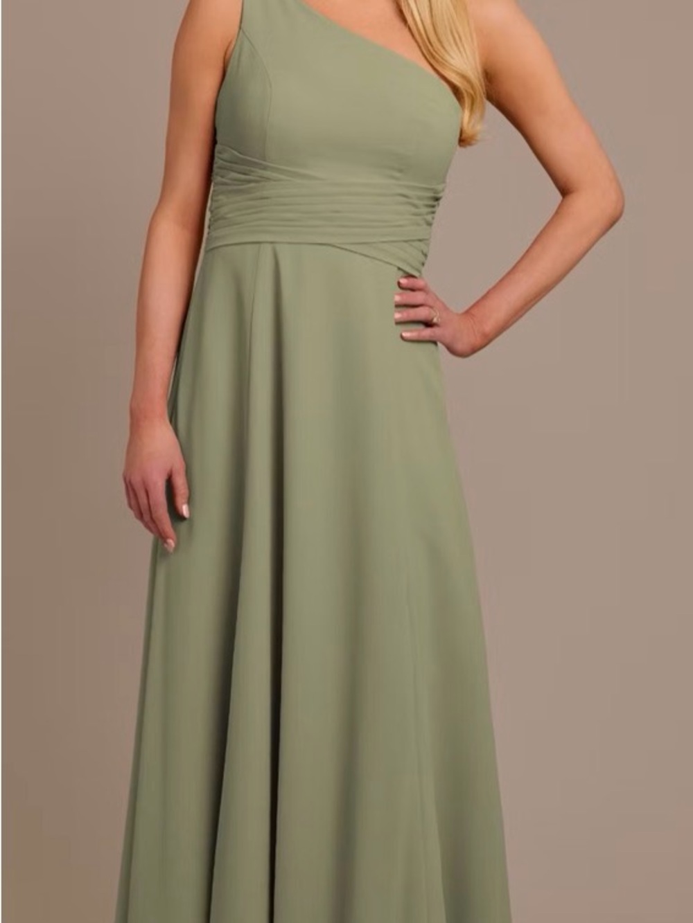 David’s Bridal Sage Green One-Shoulder Formal Dress w/ Leg Slit – NWT – Size 14